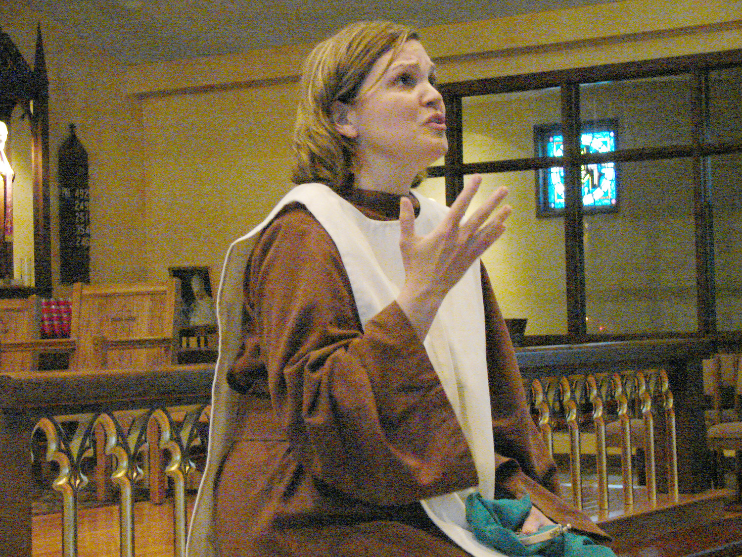 Liz Montigny portrays the Blessed Virgin Mary in her original one-woman show, ‘Our Mother’s Call,’ at Tiverton’s Holy Ghost Church on May 4.